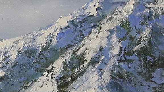 los eup details of oil painting of mountain